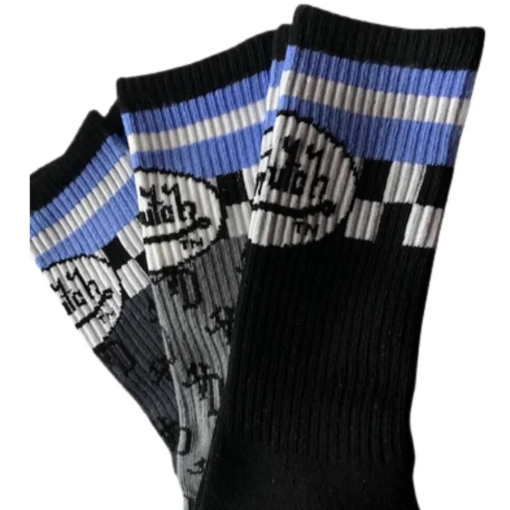 Von Dutch Originals 3 Pair Men's Crew Socks, Gray Black Blue Color Scheme